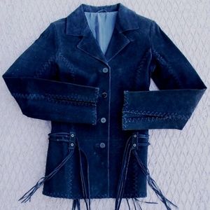 BLACK SUEDE JACKET STITCHED 4BUTTONS BELTED FRINGE